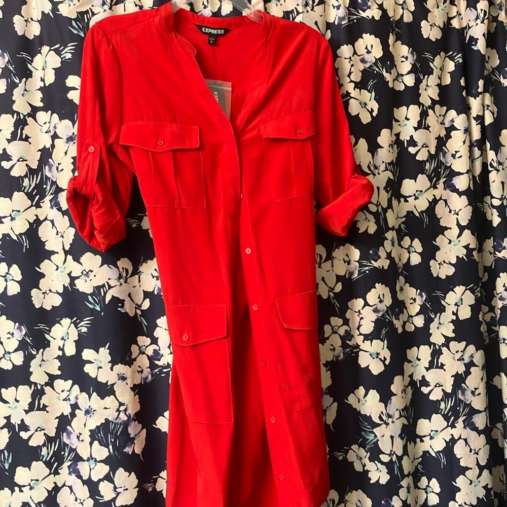 NWT Express red polyester belted shirt dress